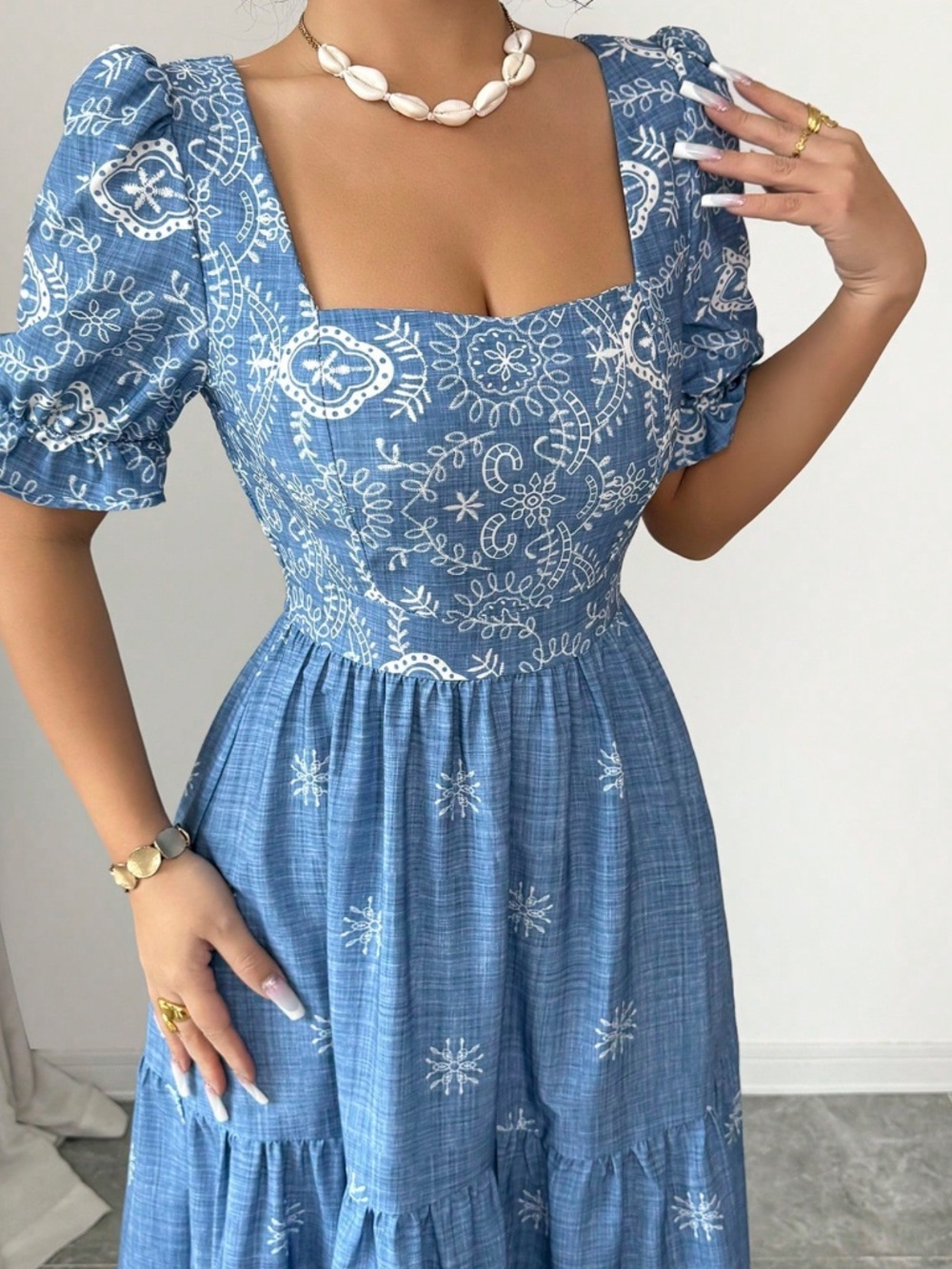 Boho All over print Sauare neck Puff Sleeve Ruffle Hem dress - Picture 3 of 8